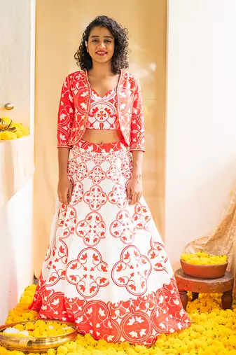 Red Printed Rhapsody Tiles Lehenga Set
