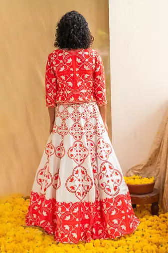 Red Printed Rhapsody Tiles Lehenga Set