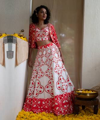 Red Printed Rhapsody Tiles Lehenga Set 4