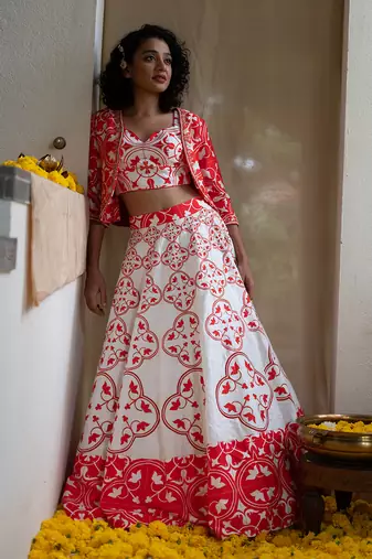 Red Printed Rhapsody Tiles Lehenga Set