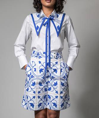 White printed azulejos tile trekker shorts 1