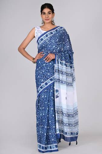 Shivanya handicrafts hand block printed women mulmul cotton sarees for women attach blouse piece sh-1606