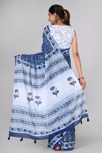 Shivanya handicrafts hand block printed women mulmul cotton sarees for women attach blouse piece sh-1606