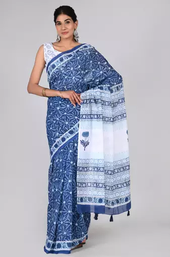 Shivanya handicrafts hand block printed women mulmul cotton sarees for women attach blouse piece sh-1606