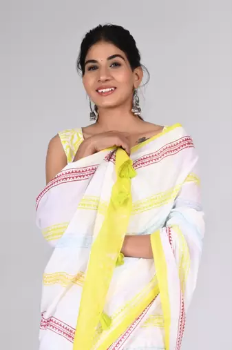 Shivanya handicrafts hand block printed women mulmul cotton sarees for women attach blouse piece sh-1607