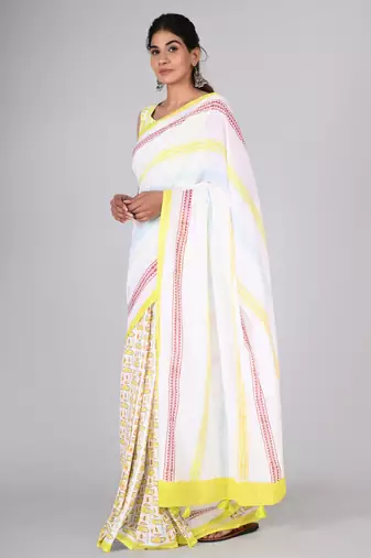 Shivanya handicrafts hand block printed women mulmul cotton sarees for women attach blouse piece sh-1607