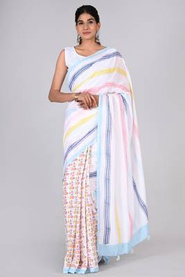 Shivanya handicrafts hand block printed women mulmul cotton sarees for women attach blouse piece sh-1608 1