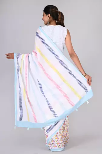 Shivanya handicrafts hand block printed women mulmul cotton sarees for women attach blouse piece sh-1608