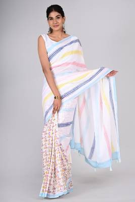 Shivanya handicrafts hand block printed women mulmul cotton sarees for women attach blouse piece sh-1608 3