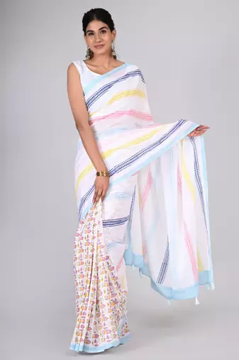 Shivanya handicrafts hand block printed women mulmul cotton sarees for women attach blouse piece sh-1608