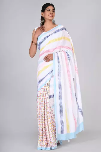 Shivanya handicrafts hand block printed women mulmul cotton sarees for women attach blouse piece sh-1608