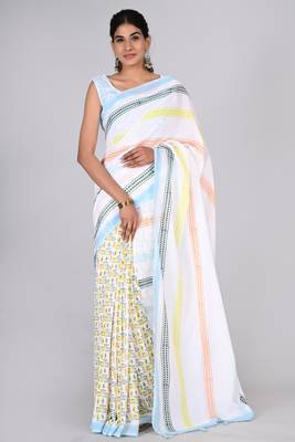 Shivanya handicrafts hand block printed women mulmul cotton sarees for women attach blouse piece sh-1609 1