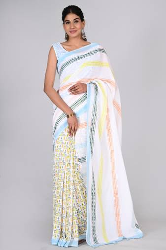 Shivanya handicrafts hand block printed women mulmul cotton sarees for women attach blouse piece sh-1609
