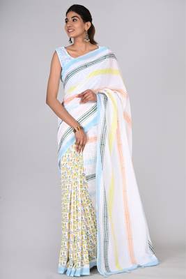 Shivanya handicrafts hand block printed women mulmul cotton sarees for women attach blouse piece sh-1609 3