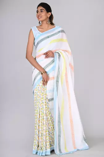 Shivanya handicrafts hand block printed women mulmul cotton sarees for women attach blouse piece sh-1609