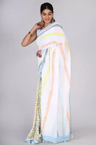 Shivanya handicrafts hand block printed women mulmul cotton sarees for women attach blouse piece sh-1609