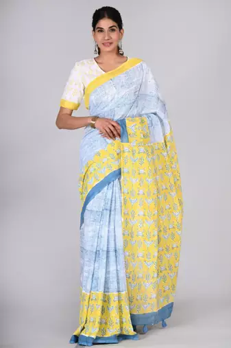Shivanya handicrafts hand block printed women mulmul cotton sarees for women attach blouse piece sh-1610