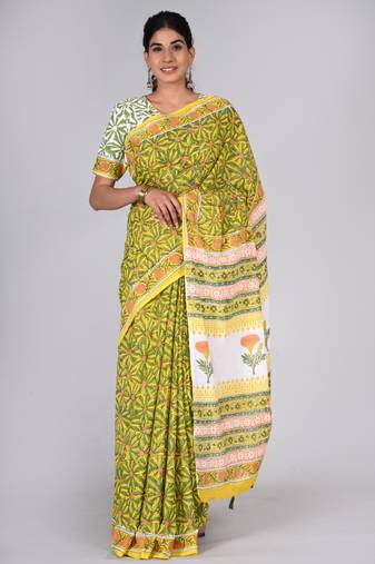 Shivanya handicrafts hand block printed women mulmul cotton sarees for women attach blouse piece sh-1611