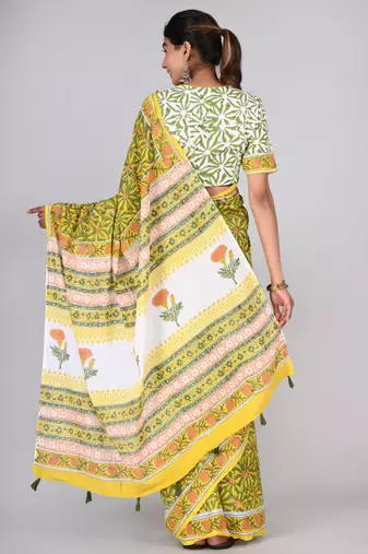 Shivanya handicrafts hand block printed women mulmul cotton sarees for women attach blouse piece sh-1611