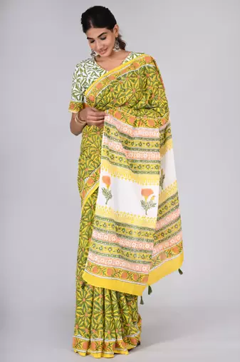 Shivanya handicrafts hand block printed women mulmul cotton sarees for women attach blouse piece sh-1611