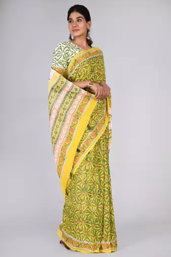 Shivanya handicrafts hand block printed women mulmul cotton sarees for women attach blouse piece sh-1611