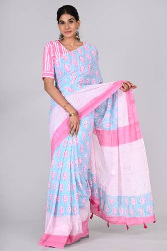 Shivanya handicrafts hand block printed women mulmul cotton sarees for women attach blouse piece sh-1612
