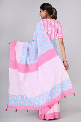 Shivanya handicrafts hand block printed women mulmul cotton sarees for women attach blouse piece sh-1612 2