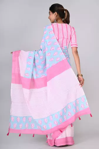 Shivanya handicrafts hand block printed women mulmul cotton sarees for women attach blouse piece sh-1612