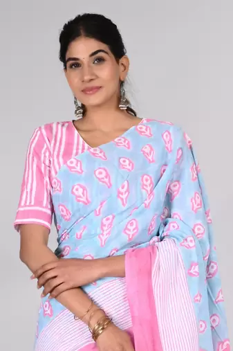 Shivanya handicrafts hand block printed women mulmul cotton sarees for women attach blouse piece sh-1612