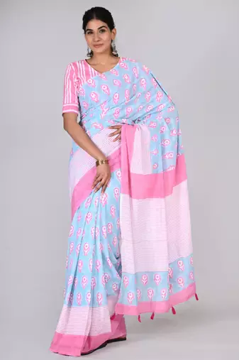 Shivanya handicrafts hand block printed women mulmul cotton sarees for women attach blouse piece sh-1612
