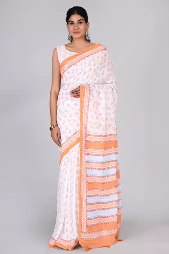 Shivanya handicrafts hand block printed women mulmul cotton sarees for women attach blouse piece sh-1613