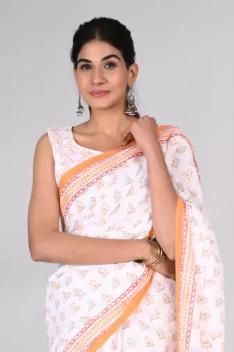 Shivanya handicrafts hand block printed women mulmul cotton sarees for women attach blouse piece sh-1613