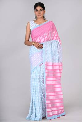 Shivanya handicrafts hand block printed women mulmul cotton sarees for women attach blouse piece sh-1614 1