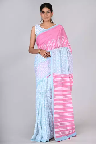 Shivanya handicrafts hand block printed women mulmul cotton sarees for women attach blouse piece sh-1614