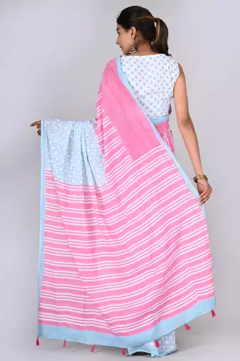 Shivanya handicrafts hand block printed women mulmul cotton sarees for women attach blouse piece sh-1614