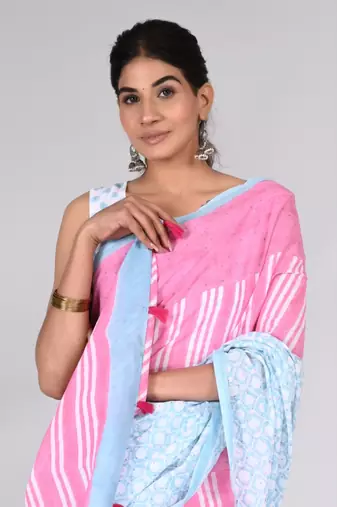 Shivanya handicrafts hand block printed women mulmul cotton sarees for women attach blouse piece sh-1614