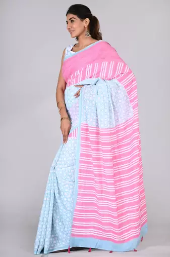 Shivanya handicrafts hand block printed women mulmul cotton sarees for women attach blouse piece sh-1614