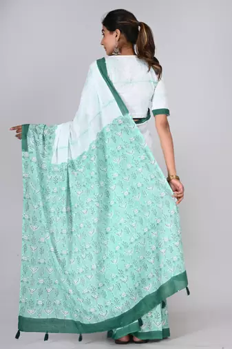 Shivanya handicrafts hand block printed women mulmul cotton sarees for women attach blouse piece sh-1617