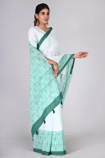 Shivanya handicrafts hand block printed women mulmul cotton sarees for women attach blouse piece sh-1617