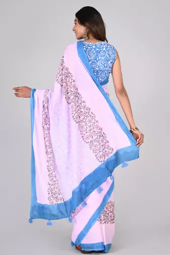 Shivanya handicrafts hand block printed women mulmul cotton sarees for women attach blouse piece sh-1619