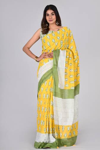 Shivanya handicrafts hand block printed women mulmul cotton sarees for women attach blouse piece sh-1620