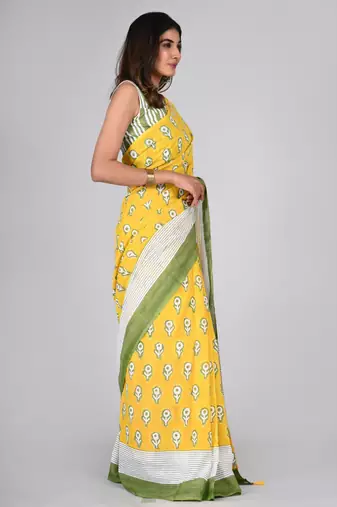 Shivanya handicrafts hand block printed women mulmul cotton sarees for women attach blouse piece sh-1620