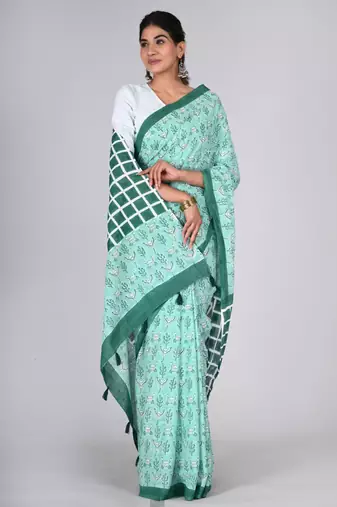 Shivanya handicrafts hand block printed women mulmul cotton sarees for women attach blouse piece sh-1616