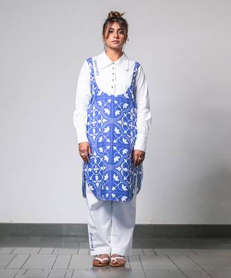 White & blue printed collared kurta set 1
