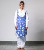 White & blue printed collared kurta set