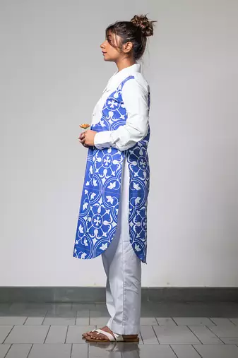 White & blue printed collared kurta set