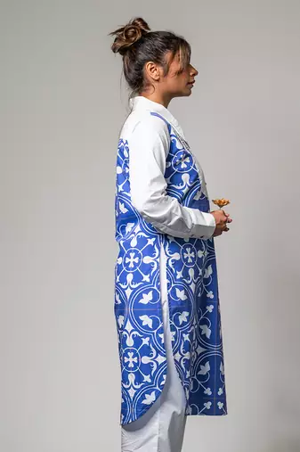 White & blue printed collared kurta set