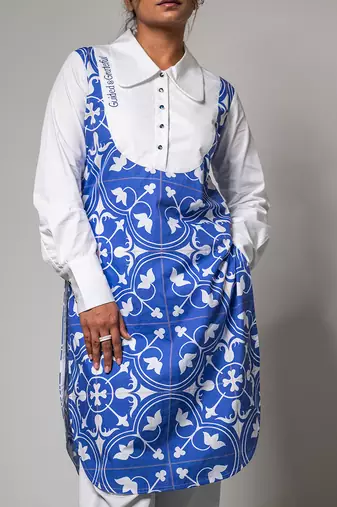 White & blue printed collared kurta set