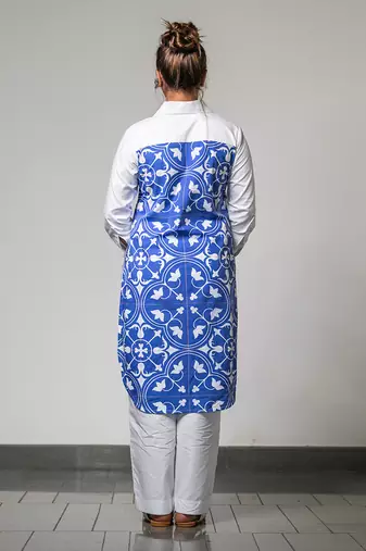 White & blue printed collared kurta set