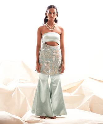 Blue silk embroidery pearl straight kurta set 1